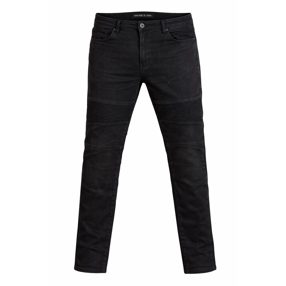 Smoke & Ash Black Moto Jeans 38x32 Ribbed Biker Stretch Denim Pants